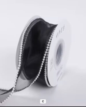 Organza Pearl Ribbon 5 yard , 4 cm Black